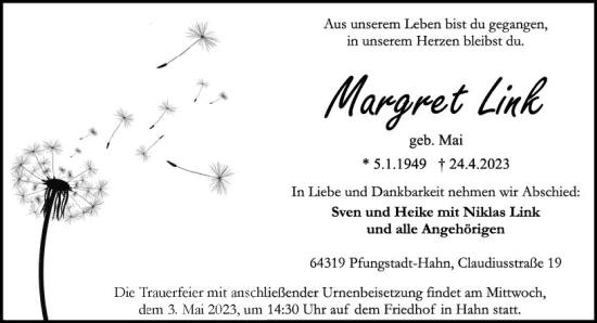 Traueranzeige von Margret Link von Darmstädter Echo