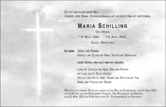 Traueranzeige von Maria Schilling von Darmstädter Echo