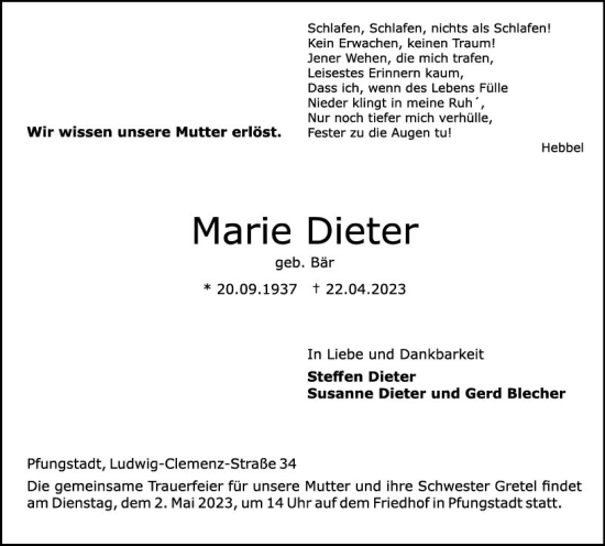 Traueranzeige von Marie Dieter von Darmstädter Echo