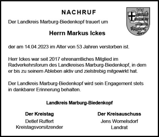 Traueranzeige von Markus Ickes von Hinterländer Anzeiger