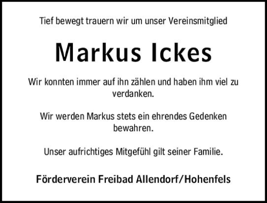 Traueranzeige von Markus Ickes von Hinterländer Anzeiger