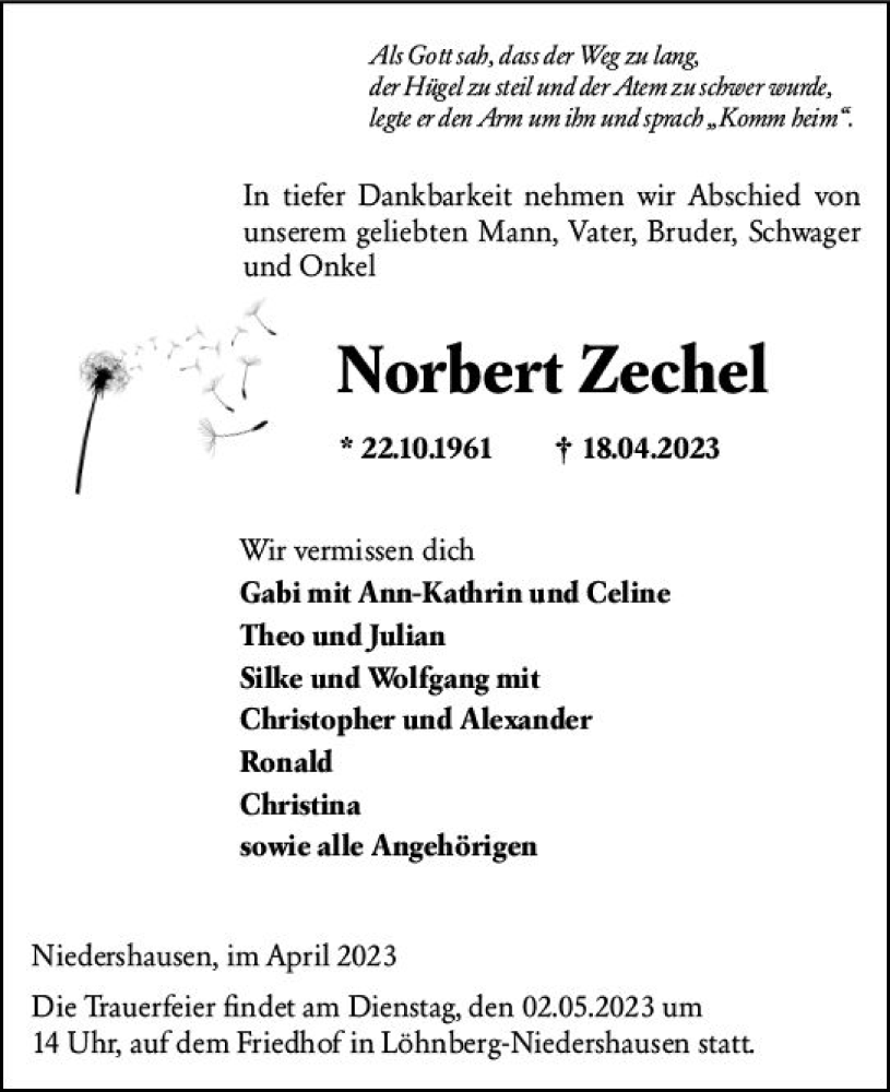  Traueranzeige für Norbert Zechel vom 29.04.2023 aus Weilburger Tageblatt