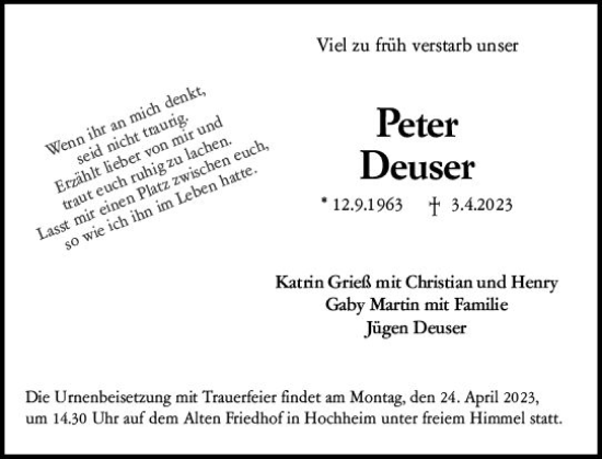 Traueranzeige von Peter Deuser von Hochheimer Zeitung