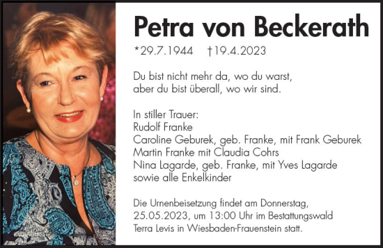 Traueranzeige von Petra von Beckerath von Wiesbadener Kurier