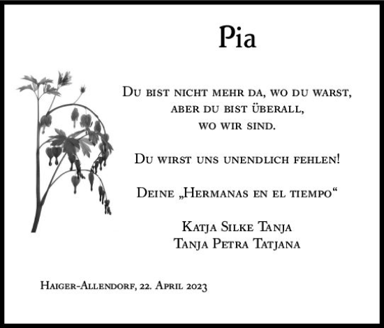 Traueranzeige von Pia  von Dill Block