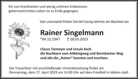 Traueranzeige von Rainer Singelmann von Idsteiner Land/Untertaunus