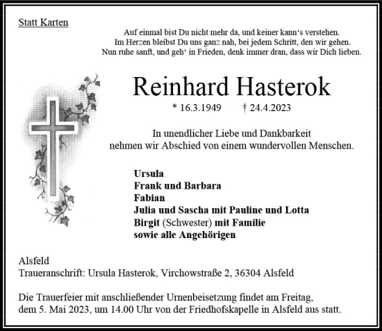Traueranzeige von Reinhard Hasterok von Oberhessen Kurier