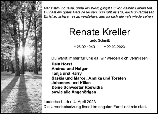 Traueranzeige von Renate Kreller von VRM Trauer