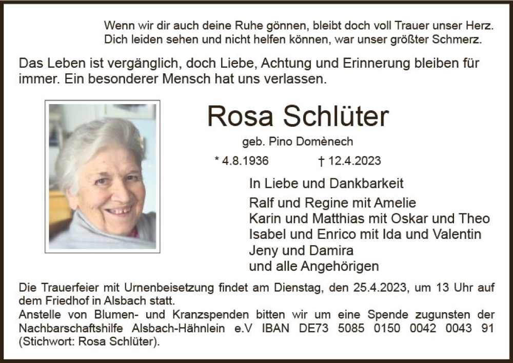  Traueranzeige für Rosa Schlüter vom 22.04.2023 aus Odenwälder Echo