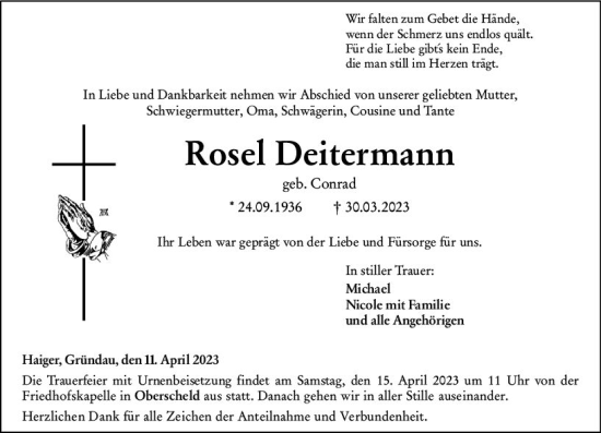Traueranzeige von Rosel Deitermann von Dill Block