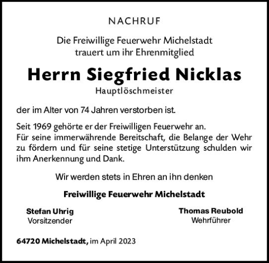 Traueranzeige von Siegfried Nicklas von Odenwälder Echo