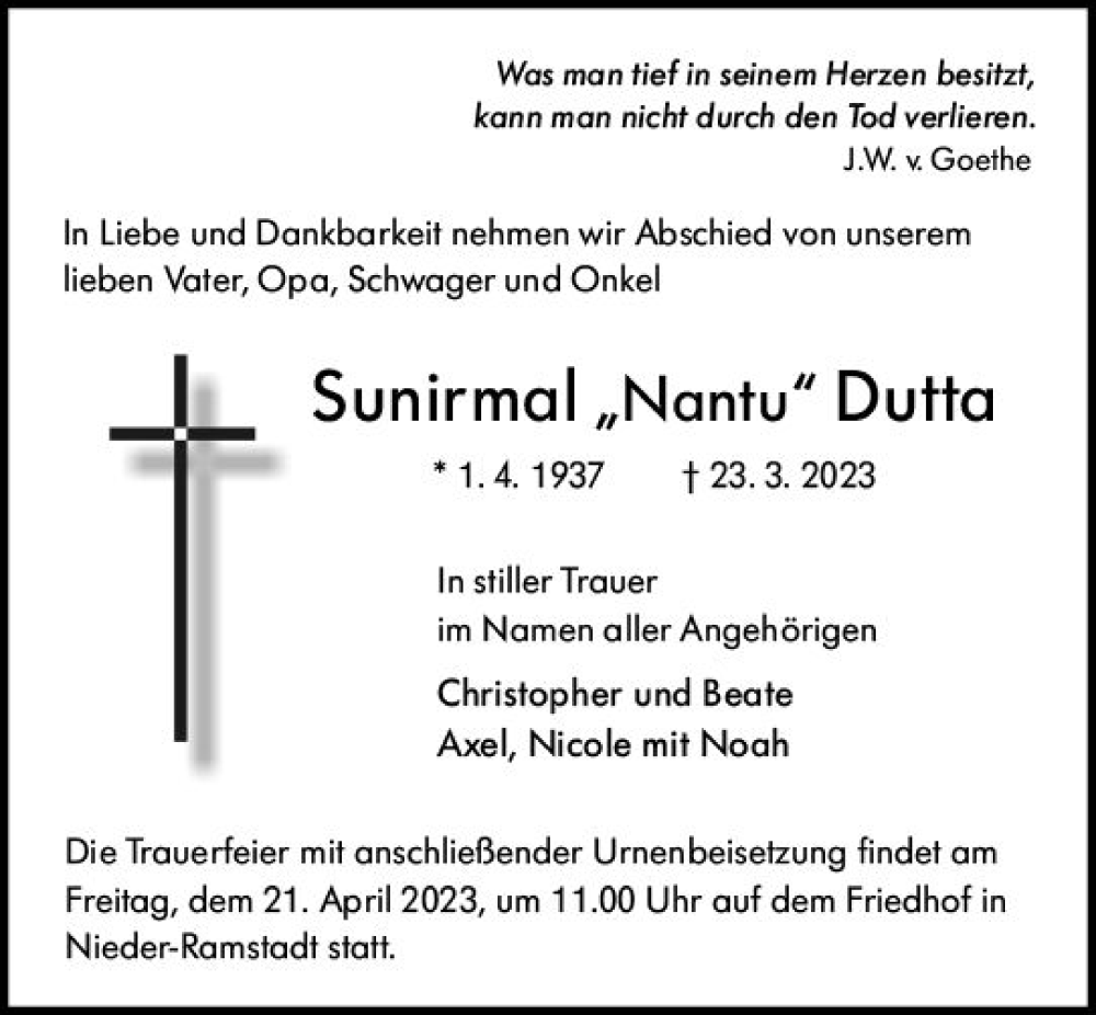  Traueranzeige für Sunirmal  Dutta vom 08.04.2023 aus Darmstädter Echo