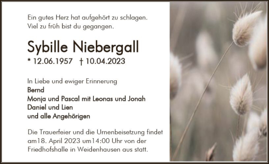 Traueranzeige von Sybille Niebergall von Hinterländer Anzeiger
