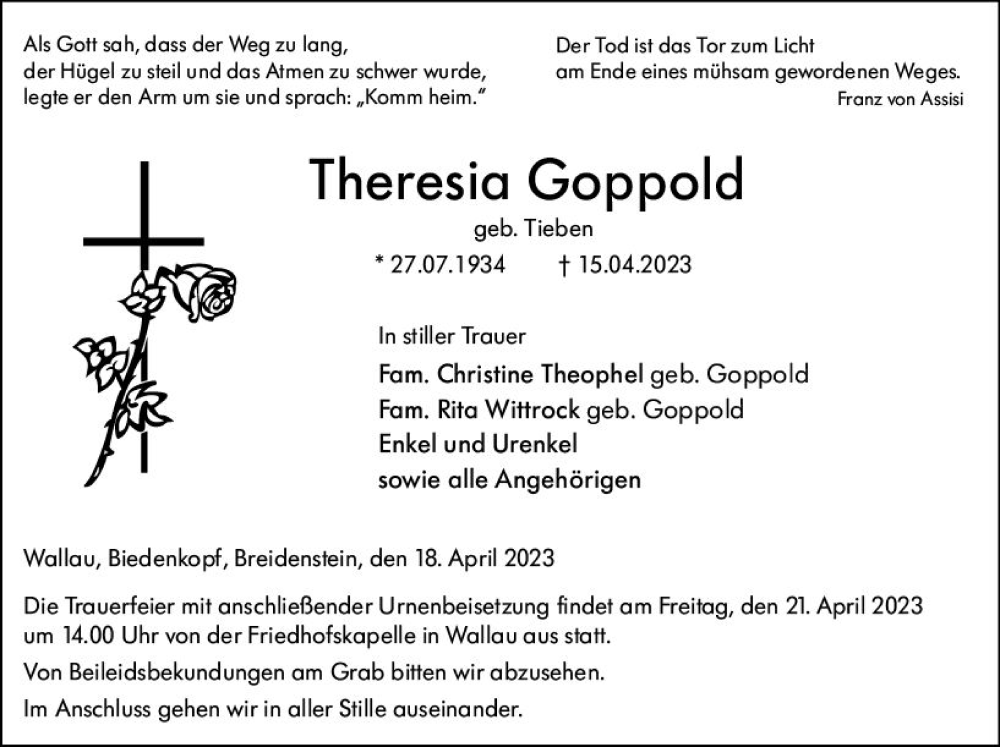  Traueranzeige für Theresia Goppold vom 18.04.2023 aus Hinterländer Anzeiger