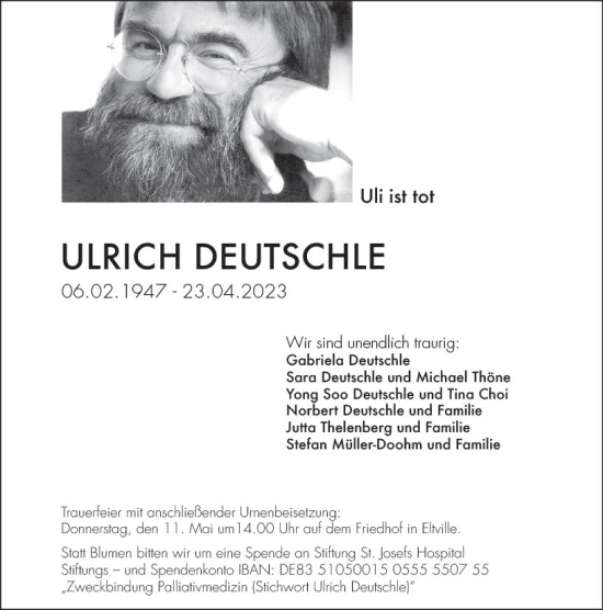 Traueranzeige von Ulrich Deutschle von Wiesbadener Kurier