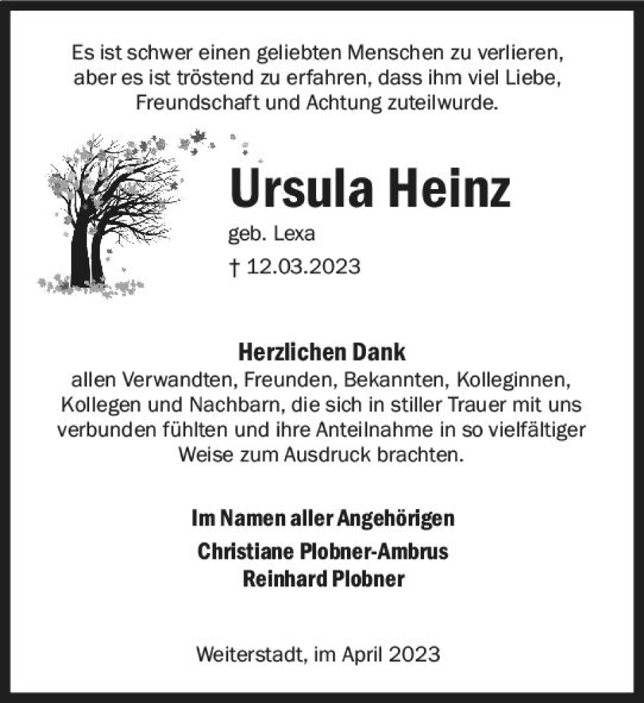  Traueranzeige für Ursula Heinz vom 22.04.2023 aus Darmstädter Echo