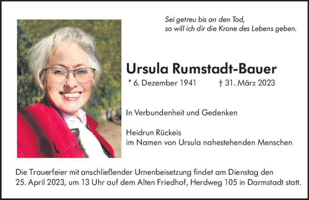  Traueranzeige für Ursula Runistadt-Bauer vom 15.04.2023 aus Darmstädter Echo
