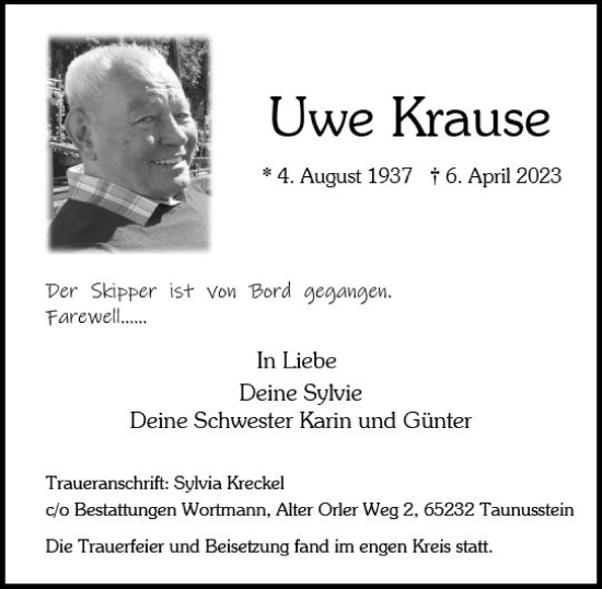 Traueranzeige von Uwe Krause von Wiesbadener Kurier