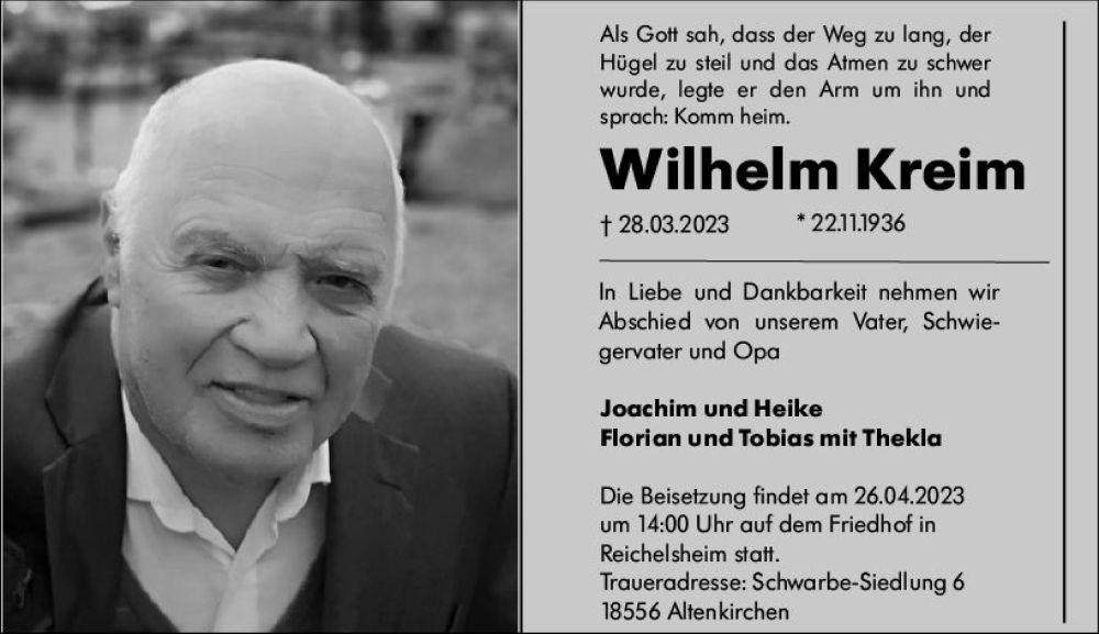 Traueranzeige für Wilhelm Kreim vom 22.04.2023 aus Odenwälder Echo
