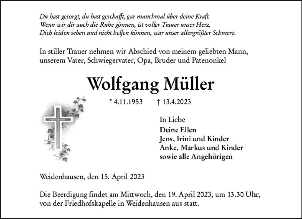  Traueranzeige für Wolfgang Müller vom 15.04.2023 aus Hinterländer Anzeiger