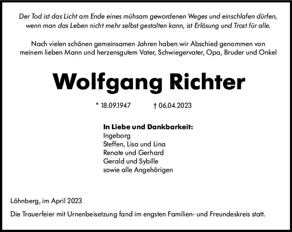  Traueranzeige für Wolfgang Richter vom 21.04.2023 aus Weilburger Tageblatt