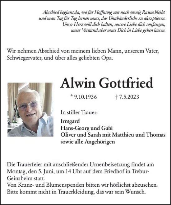 Traueranzeige von Alwin Gottfried von Rüsselsheimer Echo