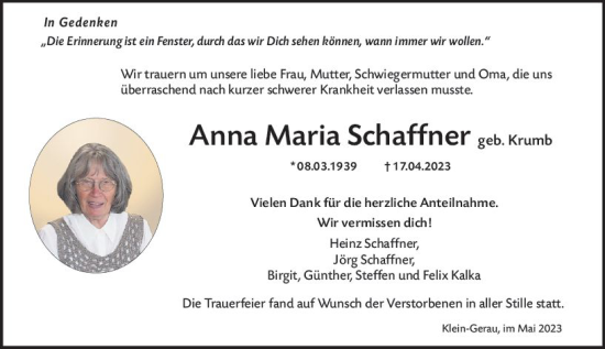 Traueranzeige von Anna Maria Schaffner von Groß-Gerauer Echo