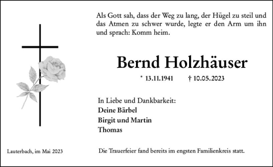 Traueranzeige von Bernd Holzhäuser von VRM Trauer
