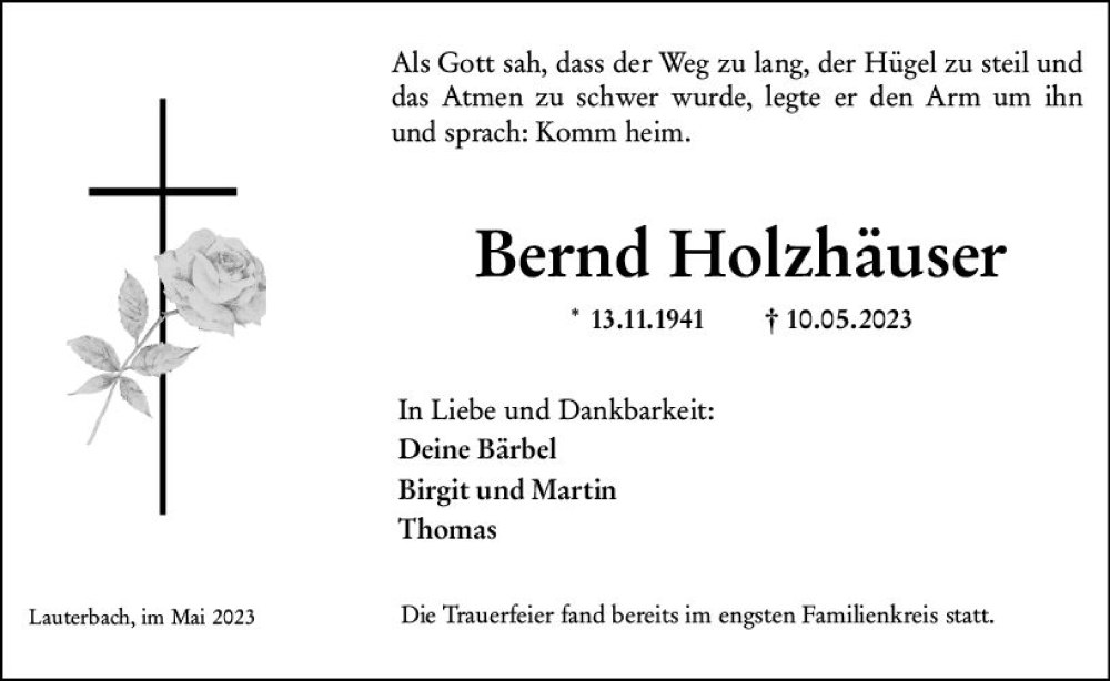  Traueranzeige für Bernd Holzhäuser vom 27.05.2023 aus VRM Trauer