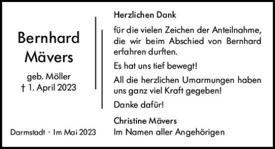 Traueranzeige von Bernhard Mävers von Darmstädter Echo