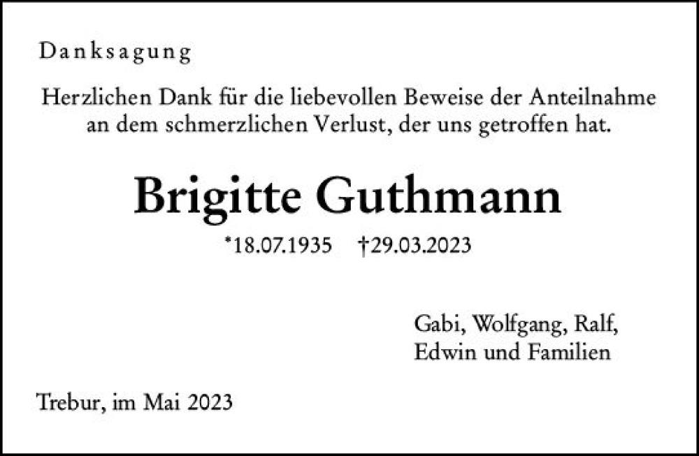  Traueranzeige für Brigitte Guthmann vom 13.05.2023 aus Rüsselsheimer Echo