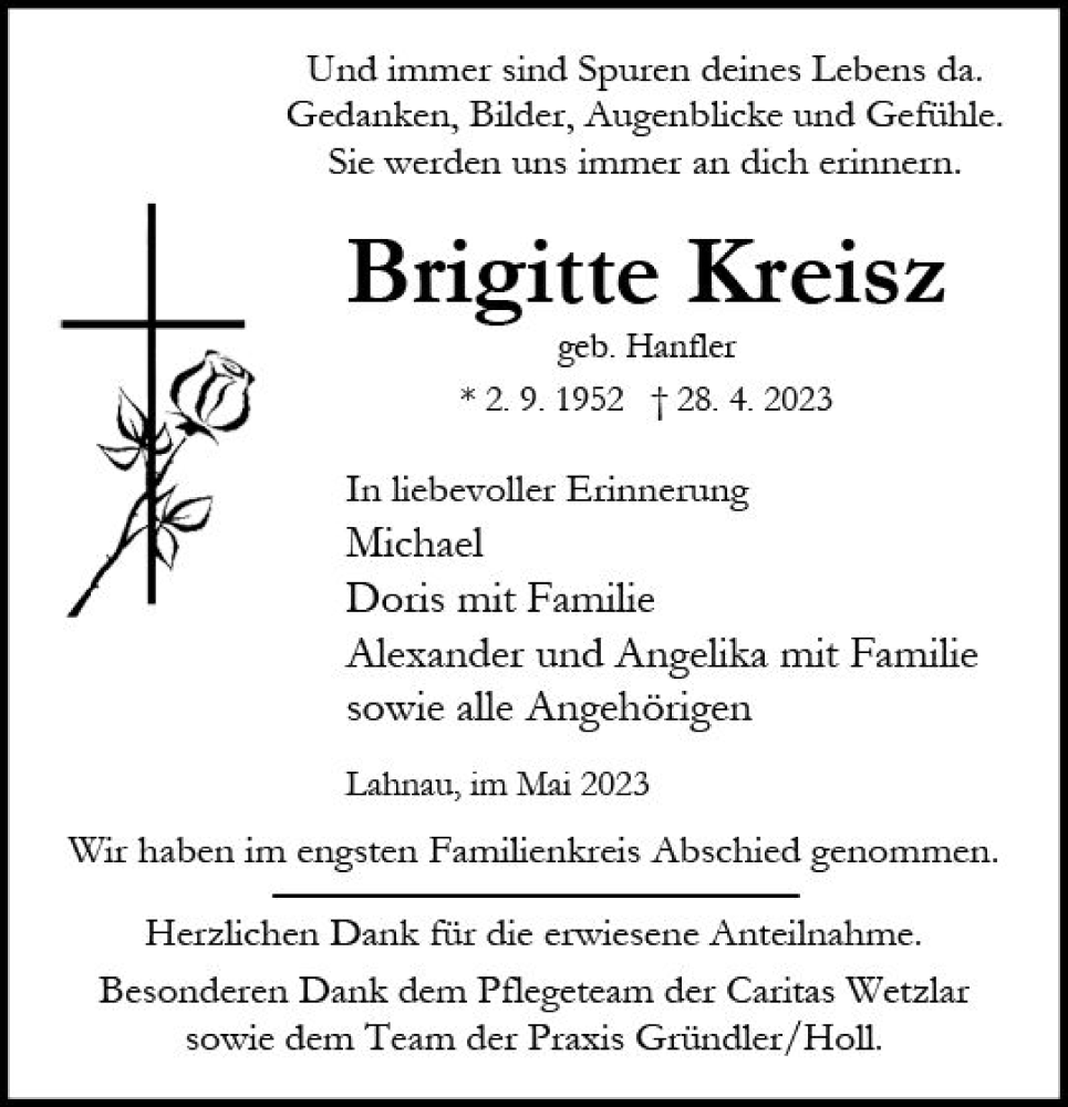  Traueranzeige für Brigitte Kreisz vom 13.05.2023 aus Wetzlarer Neue Zeitung