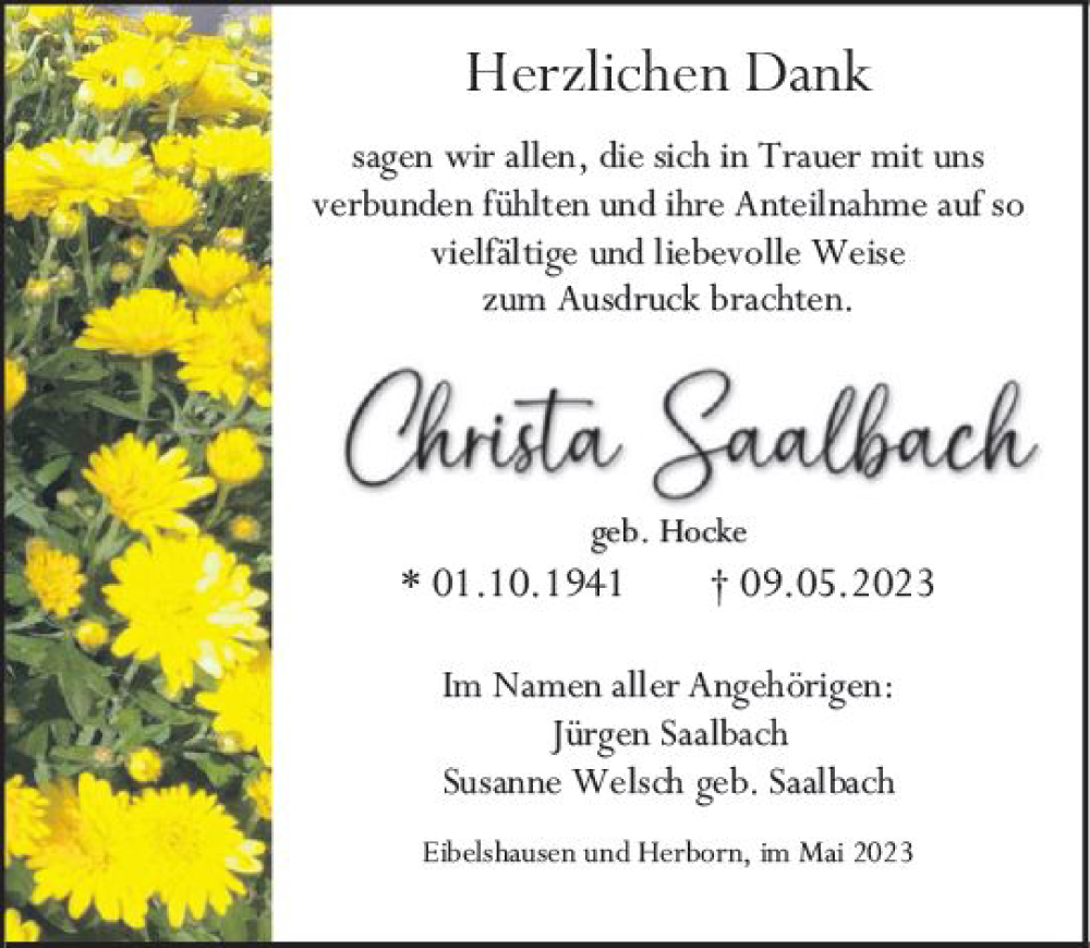 Traueranzeige für Christa Saalbach vom 27.05.2023 aus Dill Block