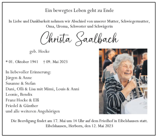 Traueranzeige von Christa Saalbach von Dill Block