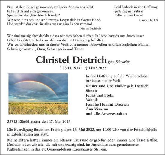 Traueranzeige von Christel Dietrich von Dill Block