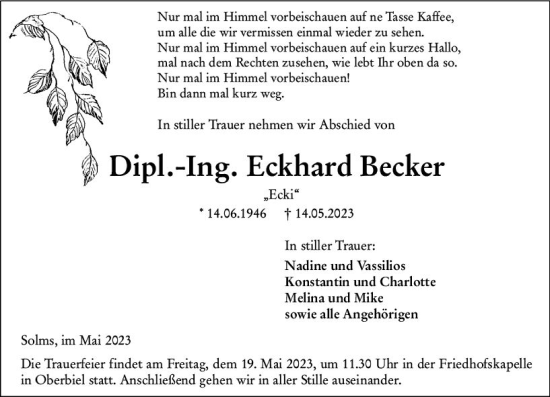 Traueranzeige von Eckhard Becker von Wetzlarer Neue Zeitung