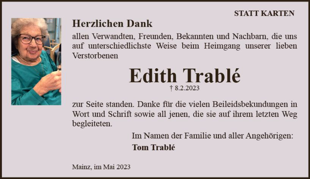  Traueranzeige für Edith Trablé vom 06.05.2023 aus Allgemeine Zeitung Mainz