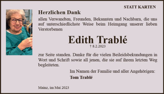 Traueranzeige von Edith Trablé von Allgemeine Zeitung Mainz