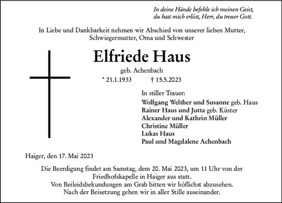 Traueranzeige von Elfriede Haus von Dill Block