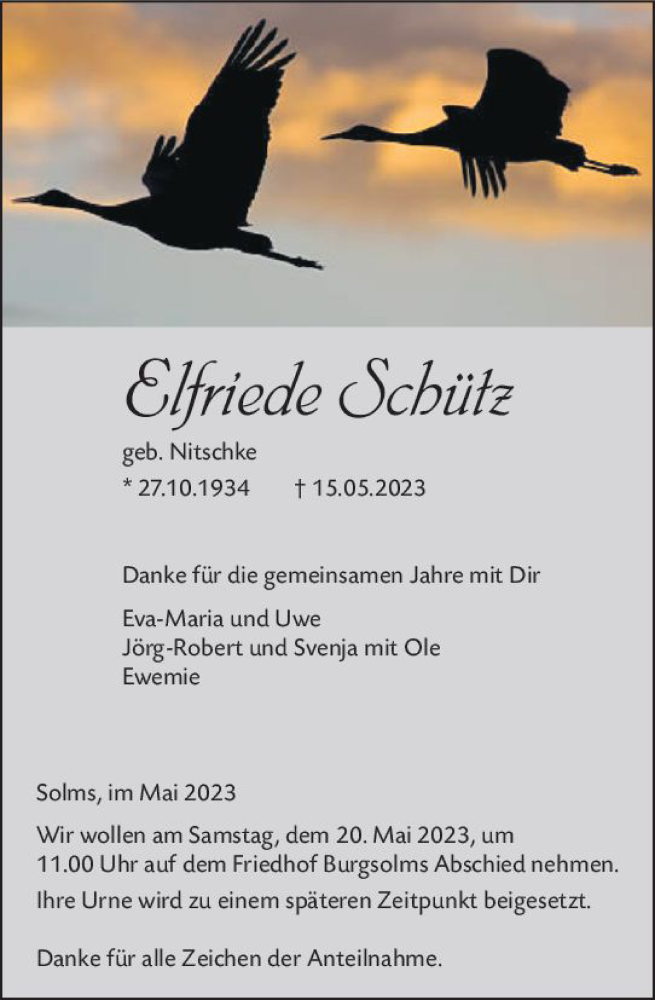  Traueranzeige für Elfriede Schütz vom 19.05.2023 aus Wetzlarer Neue Zeitung