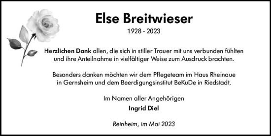 Traueranzeige von Else Breitwieser von Darmstädter Echo