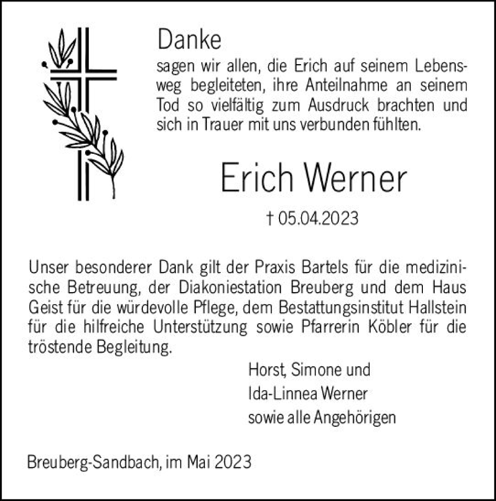 Traueranzeige für Erich Werner vom 20.05.2023 aus Odenwälder Echo