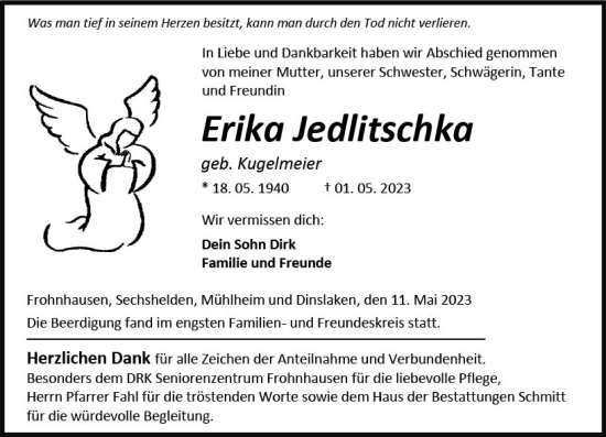 Traueranzeige von Erika Jedlitschka von Dill Block