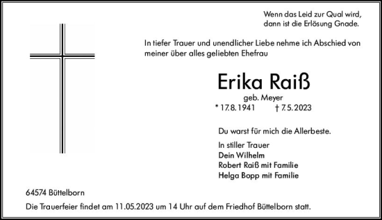 Traueranzeige von Erika Raiß von Groß-Gerauer Echo
