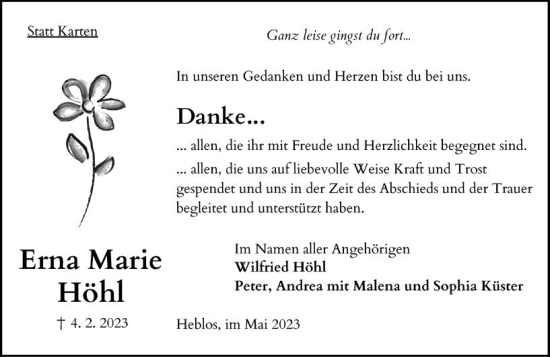 Traueranzeige von Erna Marie Höhl von VRM Trauer