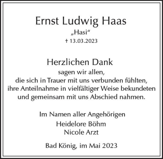 Traueranzeige von Ernst Ludwig Haas von Odenwälder Echo