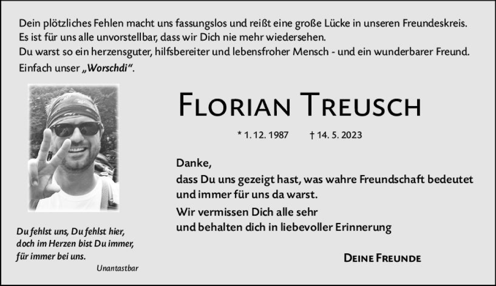  Traueranzeige für Florian Treusch vom 26.05.2023 aus Odenwälder Echo