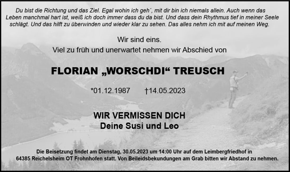  Traueranzeige für Florian Treusch vom 26.05.2023 aus Odenwälder Echo