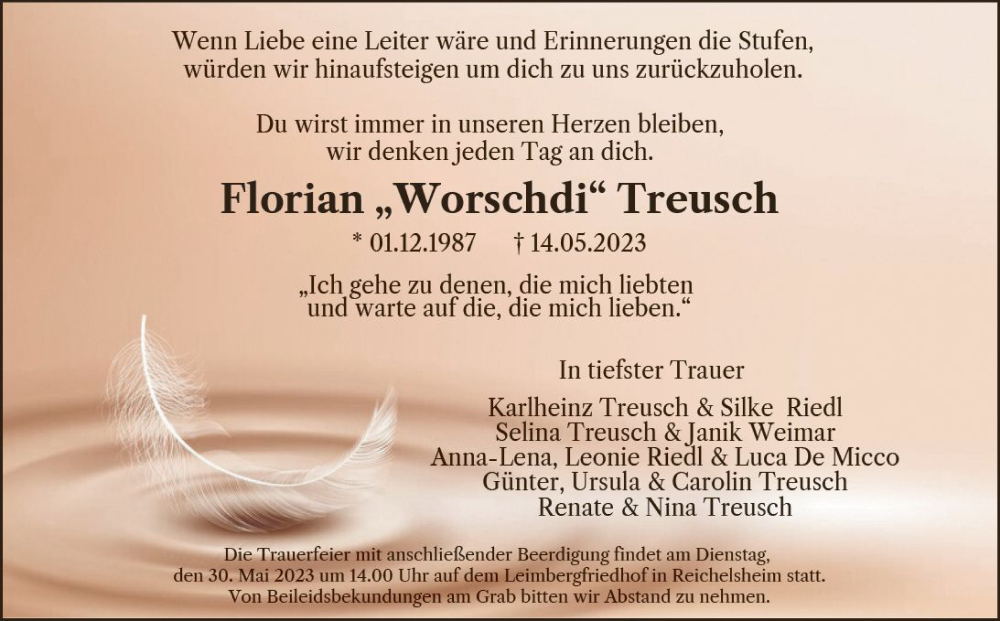  Traueranzeige für Florian Treusch vom 26.05.2023 aus Odenwälder Echo