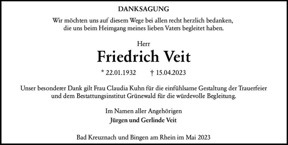  Traueranzeige für Friedrich Veit vom 20.05.2023 aus Allgemeine Zeitung Bingen/Ingelheim